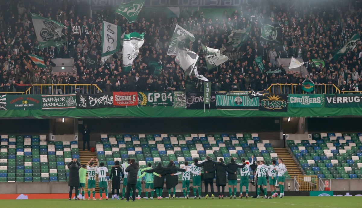 Larne v St. Gallen - UEFA Europa Conference League - League Stage - Windsor Park St. Gallen celebrate at the final whistle after the UEFA Europa Conference League match at Windsor Park, Belfast. Pictu ...