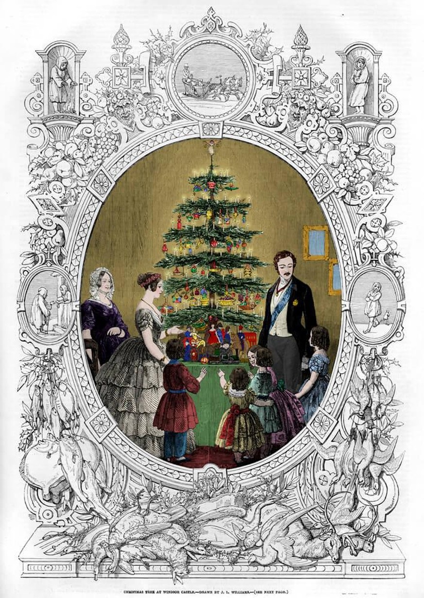 Queen Victoria, ihr deutscher Prinzgemahl Albert und ihre Kinder bewundern den Weihnachtsbaum in Schloss Windsor. Kolorierte Druckgrafik in The Illustrated London News, 1848.