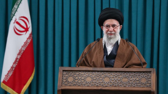 epa09793161 A handout photo made available by the Iranian supreme leader office shows, Iranian supreme leader Ayatollah Ali Khamenei speaks during a live TV speech in Tehran, Iran, 01 march 2022. Kham ...