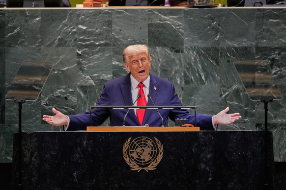 KEYPIX - U.S. President Donald Trump addresses the 80th session of the United Nations General Assembly, Tuesday, Sept. 23, 2025. (AP Photo/Richard Drew)