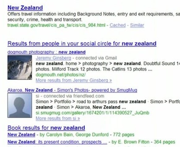 Hier zeigt Google zum Beispiel Fotos von Neuseeland, die ein Gmail-Kontakt im Internet veröffentlicht hat, prominent in den Suchergebnissen, wenn man nach Neuseeland sucht.