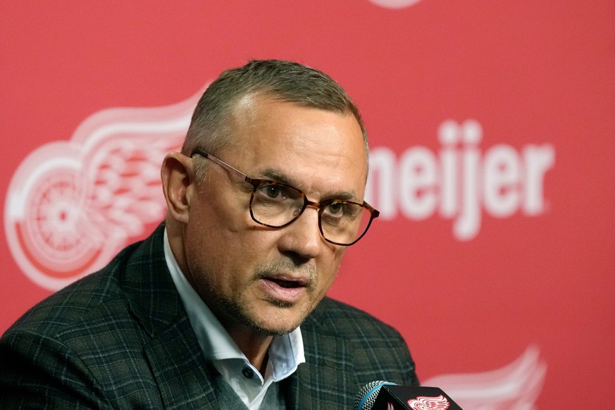 FILE - Detroit Red Wings general manager Steve Yzerman speaks to the media following their NHL hockey season, Friday, April 19, 2024, in Detroit. (AP Photo/Carlos Osorio, File)
GM Hot Seats Hockey
