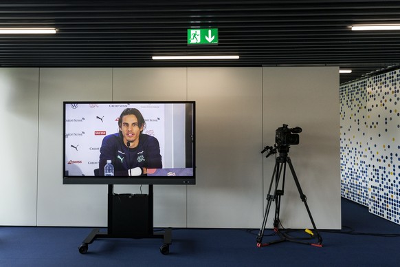 Switzerland's goalkeeper Yann Sommer is shown on a screen during a press conference one day before the UEFA Nations League soccer match between Switzerland and Ukraine at the Swissporarena in Lucerne, ...