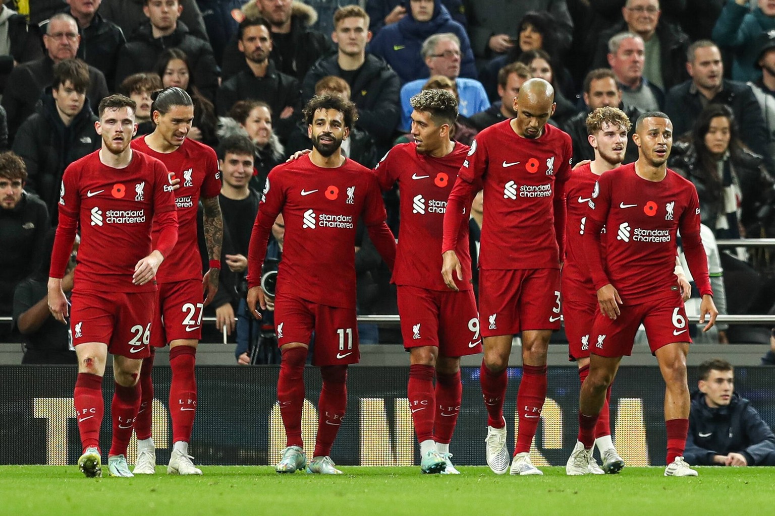 London, England, 6th November 2022. Mohamed Salah of Liverpool third left celebrates scoring their side s second goal of the game during the Premier League match at the Tottenham Hotspur Stadium, Lond ...