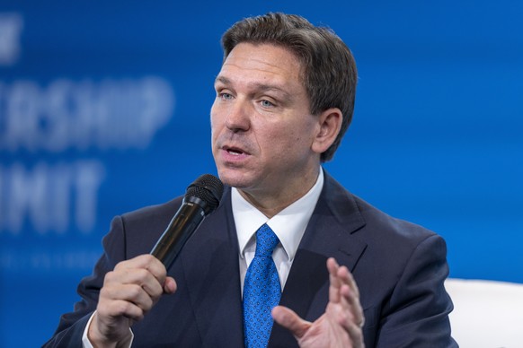 FILE - Florida Governor Ron DeSantis speaking at the Heritage Foundation 50th Anniversary Celebration leadership summit, Friday, April 21, 2023, in Oxon Hill, Md.  Former President Donald Trump's Insurgent Per…