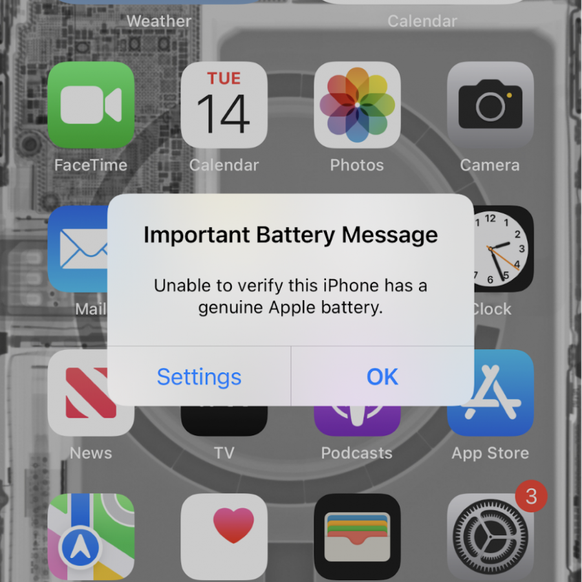 Apples Warnmeldungen, die angezeigt werden, wenn ein «nicht autorisiertes» Ersatzteil eingebaut wurde – auch wenn es sich um einen Original-Akku aus einem identischen iPhone handelt.