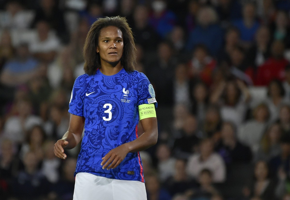 France's Wendie Renard looks out during the Women Euro 2022 semi final soccer match between Germany and France at MK stadium in Milton Keynes, England, Wednesday, July 27, 2022. (AP Photo/Rui Vie ...