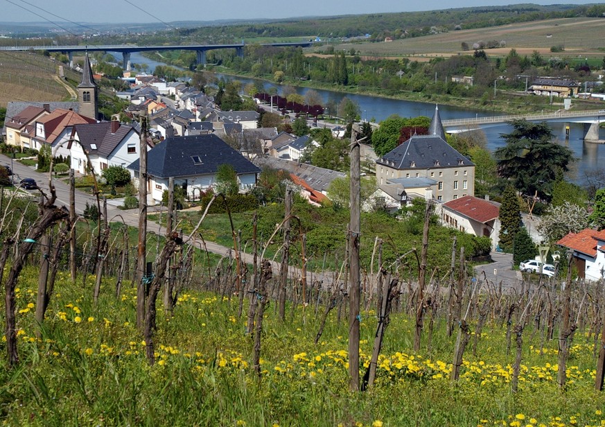 Das luxemburgische Dorf Schengen am Montag, 26. April 2004, zwischen Mosel und angrenzenden Weinbergen. Am 14. Juni 1985 und am 19. Juni 1990 haben Vetreter der Staaten der Benelux-Wirtschaftsunion, d ...