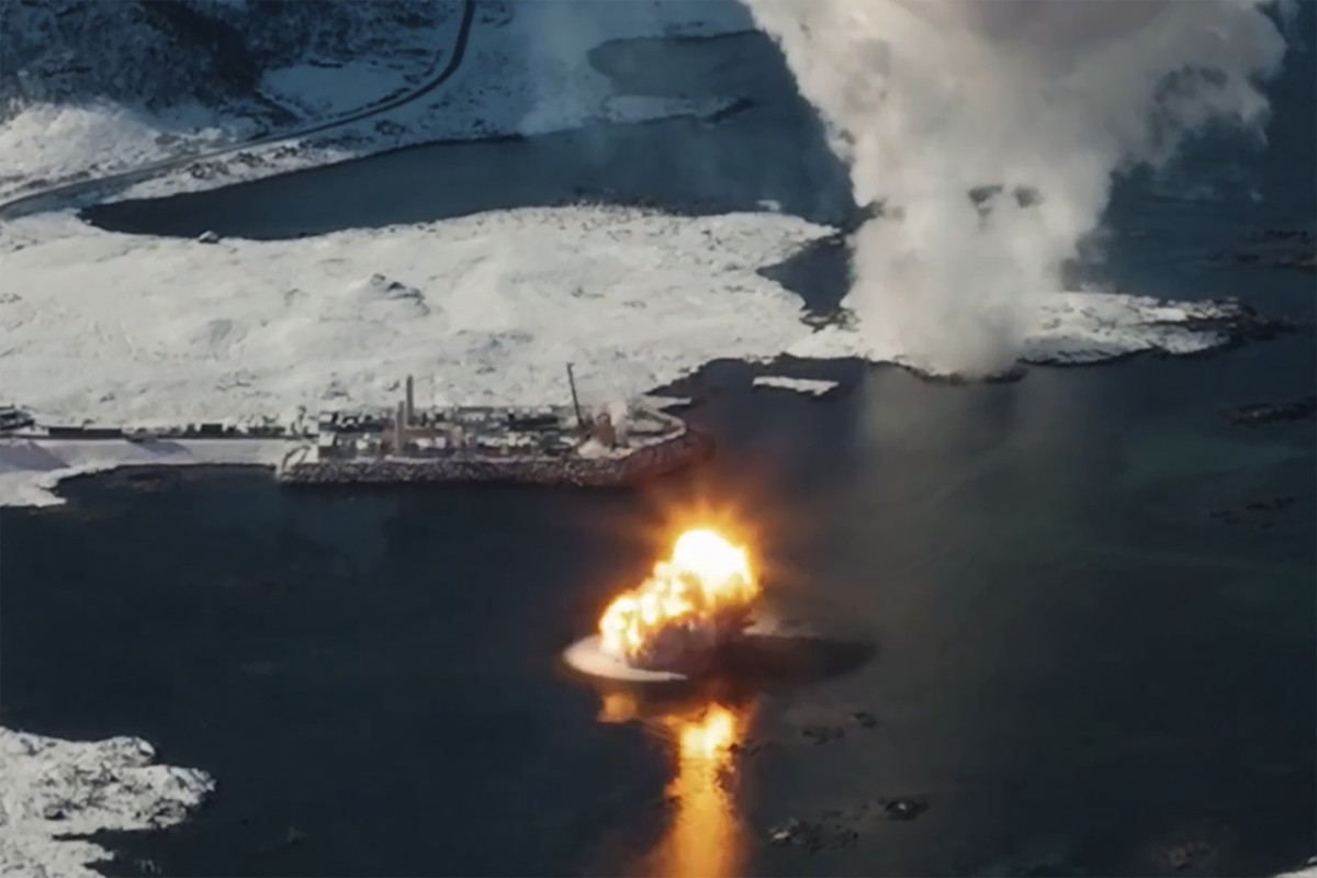 In this photo taken from video provided by Isar Aerospace, Photo Wingmen Media, Isar Aerospace test rocket "Spectrum" explodes felling back down after the launch at Andoya Spaceport in Nordm ...