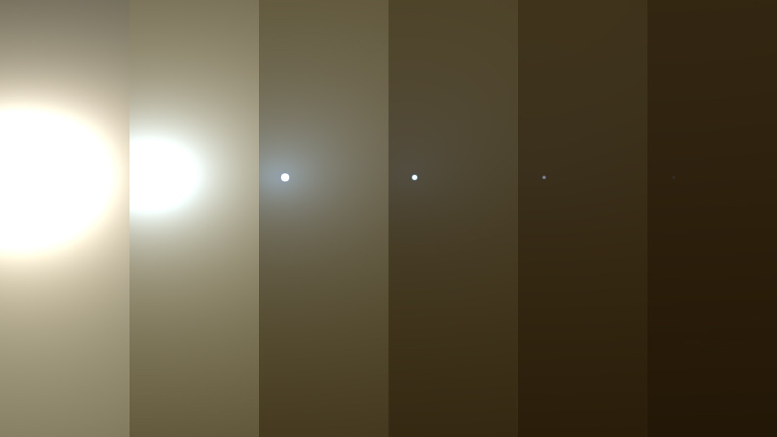 Die Simulation zeigt die Sonne im Juni 2018 aus der Sicht des Mars-Rovers Opportunity. Während der Sturm an Kraft gewinnt, verdüstert sich der Himmel zusehends.&nbsp;