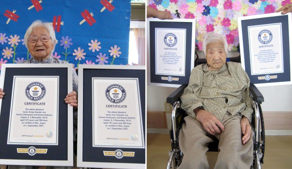 This combination of two undated photos released by Guinness World Records on Tuesday, Sept. 21, 2021, show sisters Umeno Sumiyama, left, and Koume Kodama at separate nursing homes in Shodoshima island ...