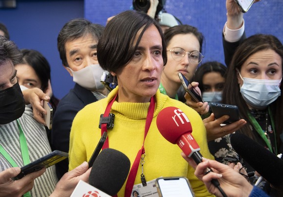 Maria Susana Muhamad Gonzalez, Environment Minister of Colombia speaks to reporters at the COP15, the UN Biodiversity Conference, in Montreal, Sunday, Dec. 18, 2022. (Graham Hughes/The Canadian Press  ...