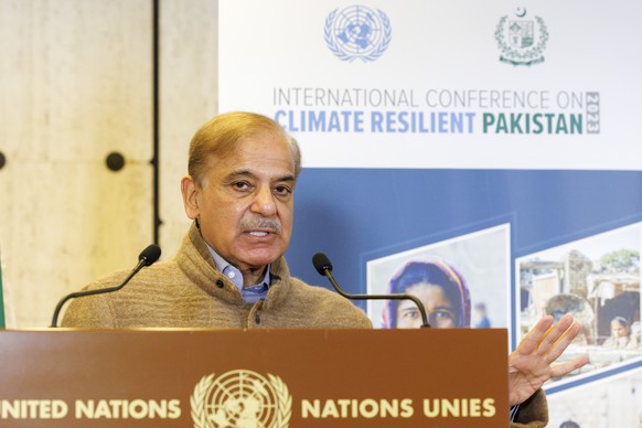 Prime Minister of Pakistan Shehbaz Sharif attends a press stakeout, during the International Conference on Climate-Resilient Pakistan, at the European headquarters of the United Nation, in Geneva, Swi ...