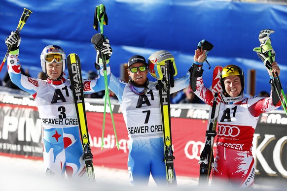 Das Spitzentrio: Pinturault (links), Hirscher (rechts) mit Sieger Ligety.