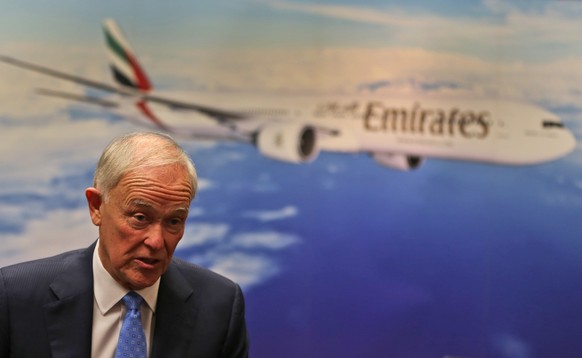 Emirates President Tim Clark talks to The Associated Press alongside the Emirates Airline annual results news conference in Dubai, United Arab Emirates, Tuesday, May 10, 2016. Clark says that despite  ...