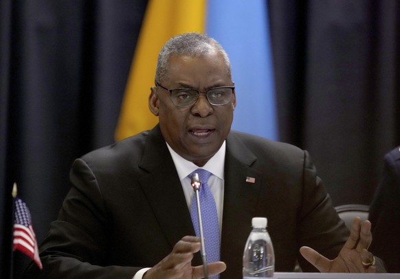 U.S. Secretary of Defense, Lloyd Austin, delivers a speech as he hosts the meeting of the Ukraine Security Consultative Group at Ramstein Air Base in Ramstein, Germany, Tuesday, April 26, 2022. (AP Ph ...