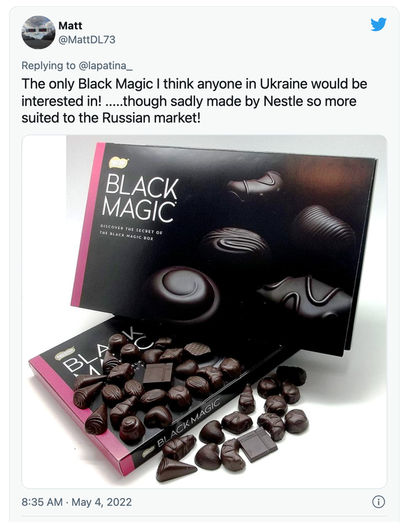 «Die einzige Schwarze Magie, die meiner Meinung nach irgendwen in der Ukraine interessieren würde! ..... obwohl es leider von Nestle hergestellt wird und daher eher für den russischen Markt geeignet i ...
