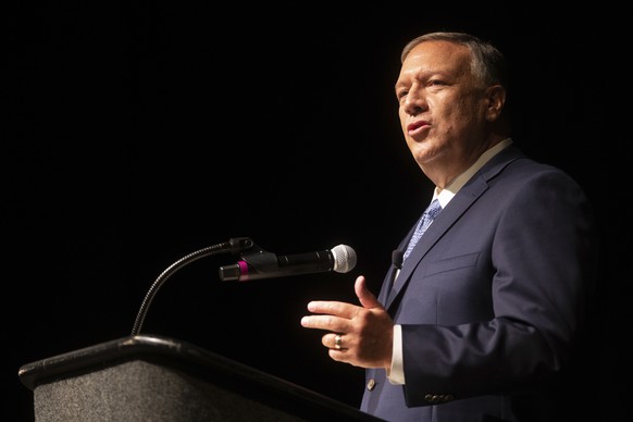 Former Secretary of State Mike Pompeo speaks at the Kansas Independent Oil &amp; Gas Association annual convention in Wichita, Kan., Monday, Aug. 16, 2021. (Evert Nelson/The Capital-Journal via AP)