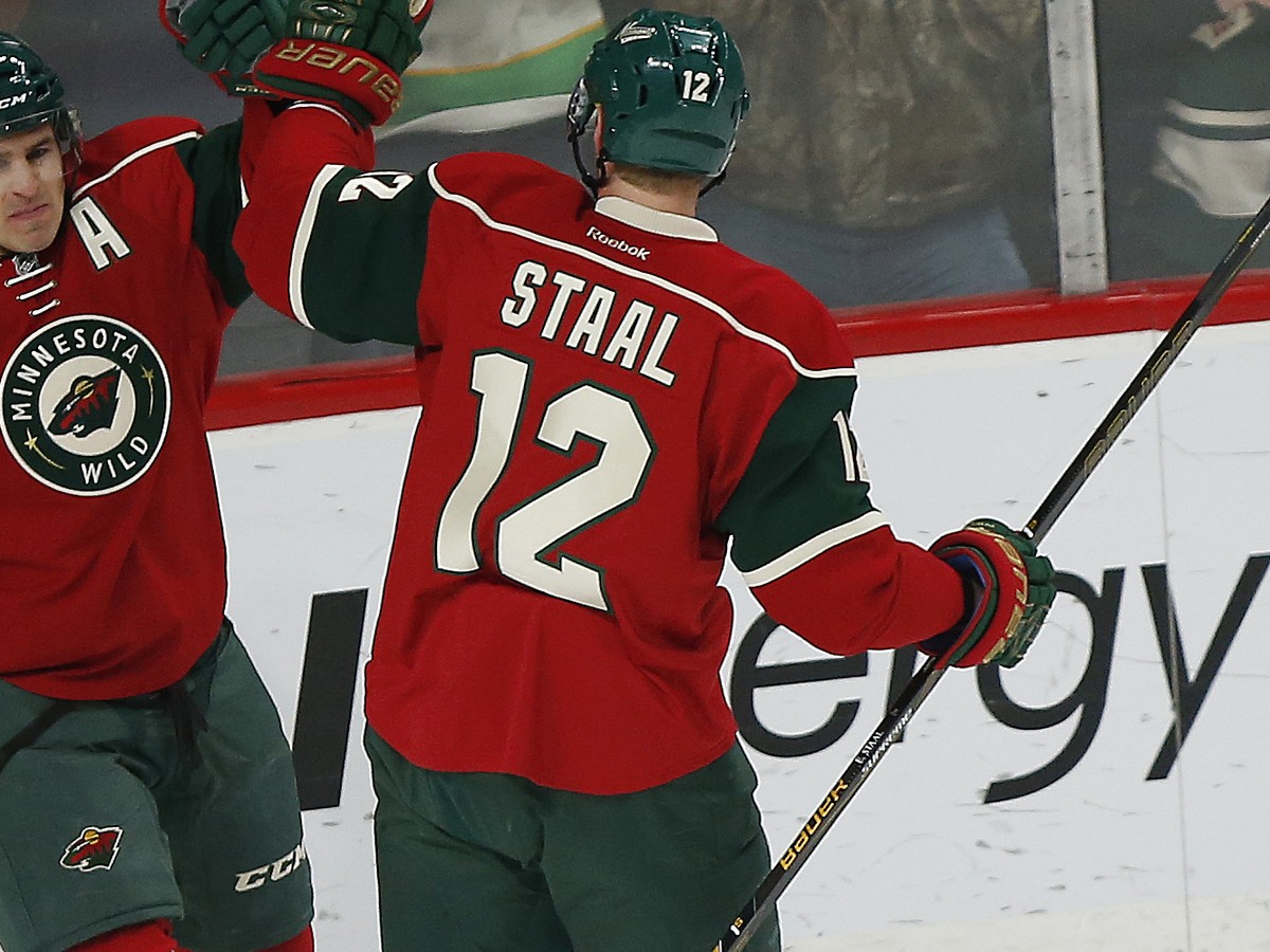 Minnesota Wild's Zach Parise celebrates with teammate Eric Staal (12) after Parise scored a goal against the Florida Panthers in the first period of an NHL hockey game,Tuesday, Dec. 13, 2016, in  ...