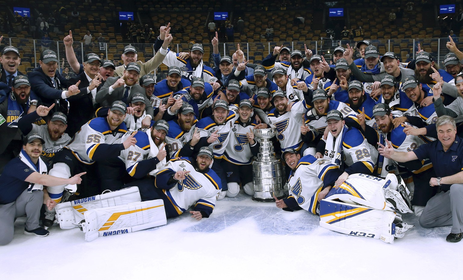 The St. Louis Blues celebrate with the Stanley Cup after they defeated the Boston Bruins in Game 7 of the NHL Stanley Cup Final, Wednesday, June 12, 2019, in Boston. (AP Photo/Michael Dwyer)