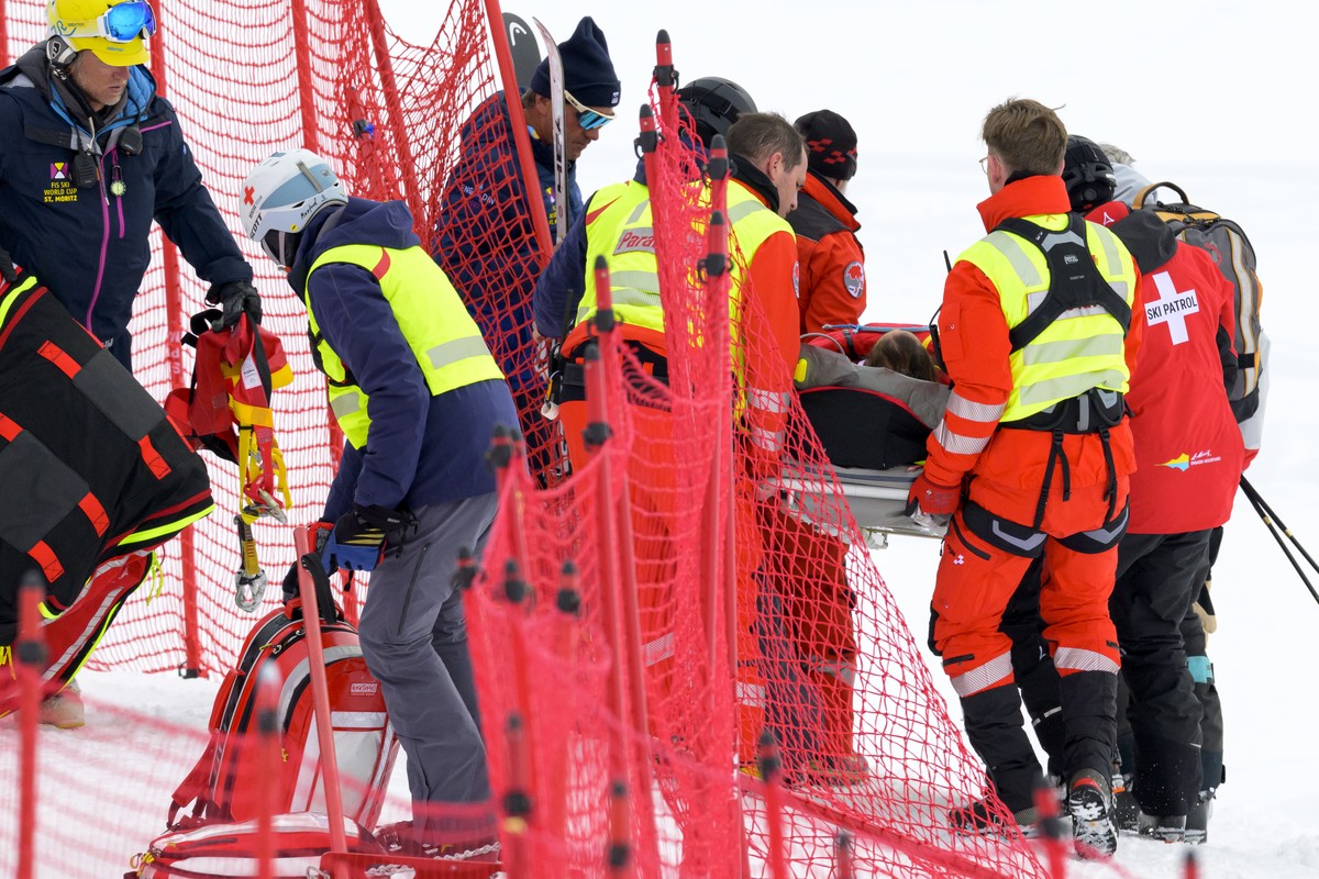 Michelle Gisin of Switzerland is being carried on a stretcher after a fall during the women's Downhill training race at the Alpine Skiing FIS Ski World Cup, in St. Moritz, Switzerland, Thursday,  ...