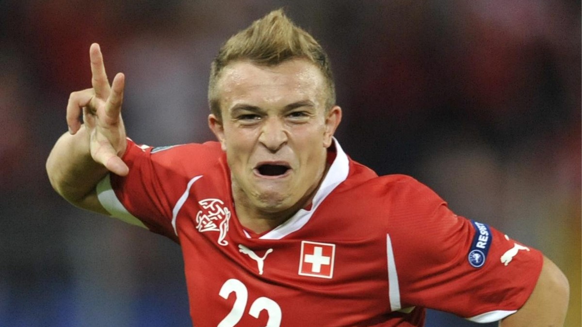 Switzerland's midfielder Xherdan Shaqiri cheers during the Euro 2012 group G qualification soccer match between Switzerland and Bulgaria at the St. Jakob-Park Stadium in Basel, Switzerland, Tuesd ...