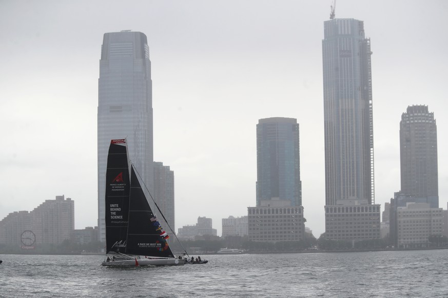 Greta Thunberg, a 16-year-old Swedish climate activist, sails into New York harbor aboard the Malizia II, Wednesday, Aug. 28, 2019. The zero-emissions yacht left Plymouth, England on Aug. 14. She is s ...