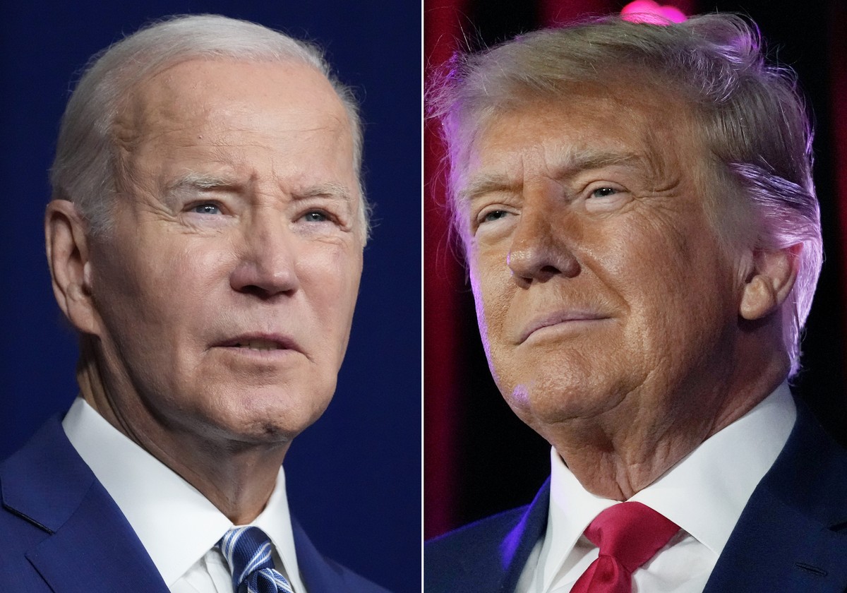 In this combination of photos, President Joe Biden speaks on Aug. 10, 2023, in Salt Lake City, left, and former President Donald Trump speaks on July 8, 2023, in Las Vegas. Trump is spending the third ...