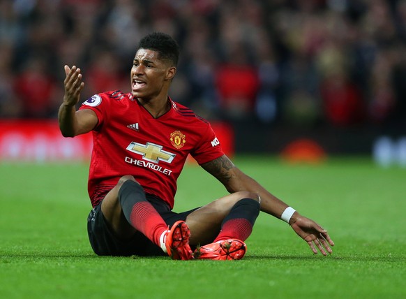 epa07525859 Manchester United&#039;s Marcus Rashford reacts during the English Premier League soccer match between Manchester United and Manchester City at Old Trafford in Manchester, Britain, 24 Apri ...