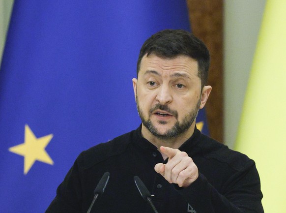 epa11751866 Ukrainian President Volodymyr Zelensky holds a joint press conference with President of the European Council Antonio Costa (not pictured), in Kyiv, Ukraine, 01 December 2024. Costa arrived ...