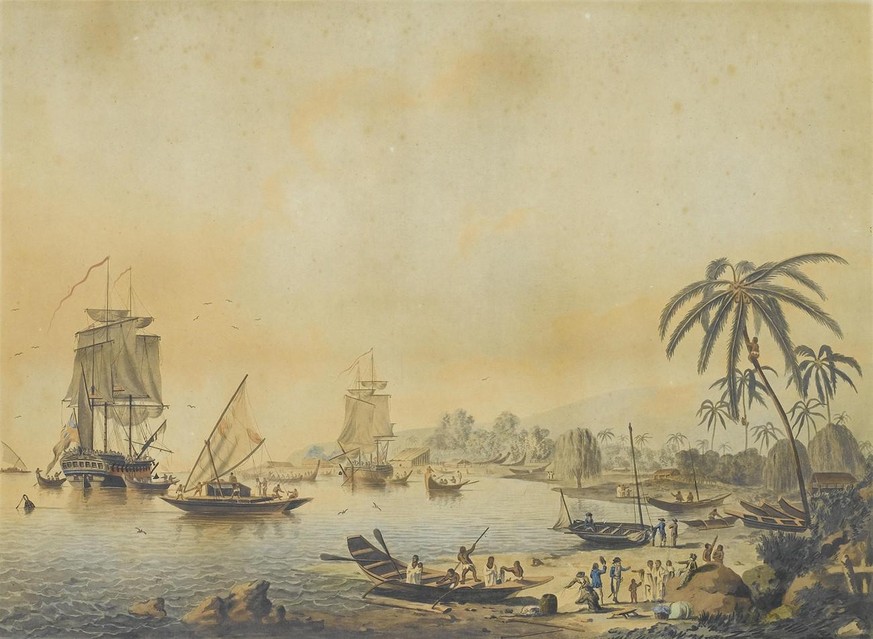 Die HMS Resolution und Discovery in Tahiti, gemalt von John Cleveley dem Jüngeren, um 1787.
https://en.wikipedia.org/wiki/File:John_Cleveley_the_Younger,_Views_of_the_South_Seas_(No._3_of_4).jpg