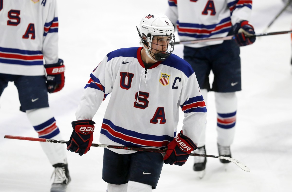 In this Wednesday, Nov. 21, 2018, photo, Jack Hughes, expected to be a top pick in the next NHL hockey draft, plays against Bowling Green in Plymouth, Mich. USA Hockey has developed the nation's  ...