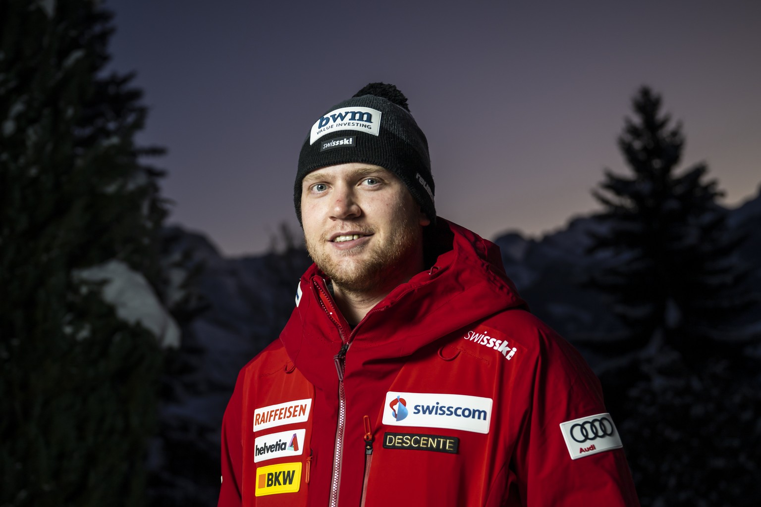 Niels Hintermann of Switzerland poses for photographer during a press conference at the Alpine Skiing FIS Ski World Cup in Wengen, Switzerland, Tuesday, January 11, 2022. (KEYSTONE/Jean-Christophe Bot ...