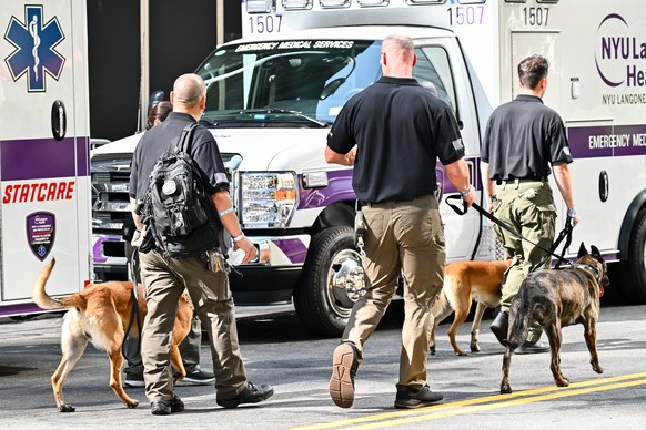 NYPD canine units patrol the street outside Madison Square Garden ahead of a reported wedding between singer Taylor Swift and National Football League player Travis Kelce on on Thursday, July 2, 2026, ...