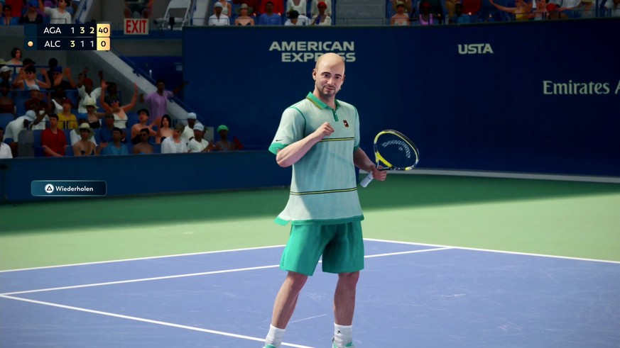 Für jeden Spieler gibt es alternative Outfits oder Skins, von Agassi etwa eine Variante mit langen Haaren und 80er-Jahre-Klamotten. Was man davon einfach freischalten kann oder zusätzlich bezahlen mus ...