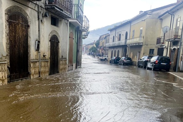 epa10653831 View of a flooded street after a storm in Forino (Avellino), southern Italy, May 25, 2023. A man's body has been recovered after torrential rain caused flash flooding in southern I...