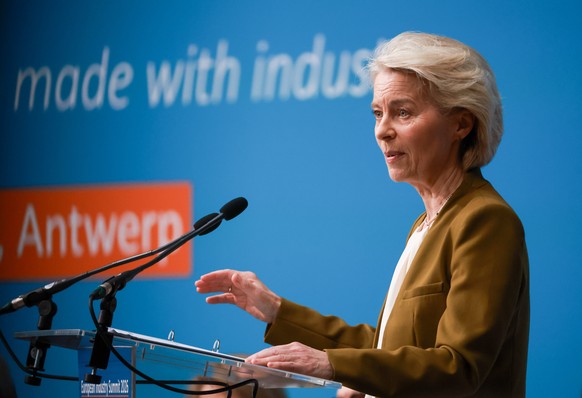 epa12726858 European Commission President Ursula von der Leyen delivers a keynote speech during the European Industry Summit in Antwerp, Belgium, 11 February 2026. The summit serves as a platform for  ...