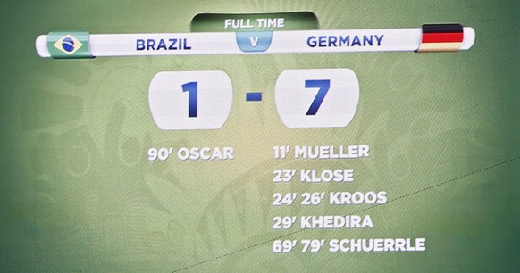 epa04306546 A display board shows the result as Germany thrashed Brazil with 1-7 after the FIFA World Cup 2014 semi final match between Brazil and Germany at the Estadio Mineirao in Belo Horizonte, Br ...