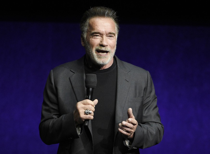 FILE - In this April 4, 2019, file photo, Arnold Schwarzenegger, a cast member in the upcoming film &quot;Terminator: Dark Fate,&quot; discusses the film during the Paramount Pictures presentation at  ...