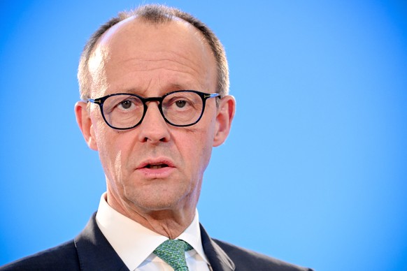 epa09922653 CDU party and faction Chairman Friedrich Merz during a joint press conference on a joint closed-door meeting of CDU and CSU party boards in Cologne, Germany, 02 May 2022. The joint presidi ...