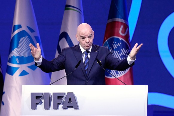 FIFA President Gianni Infantino addresses the FIFA 75th Congress at the Conmebol Convention Center in Luque, Paraguay, Thursday, May 15, 2025. (AP Photo/Fernando Calistro)
Gianni Infantino