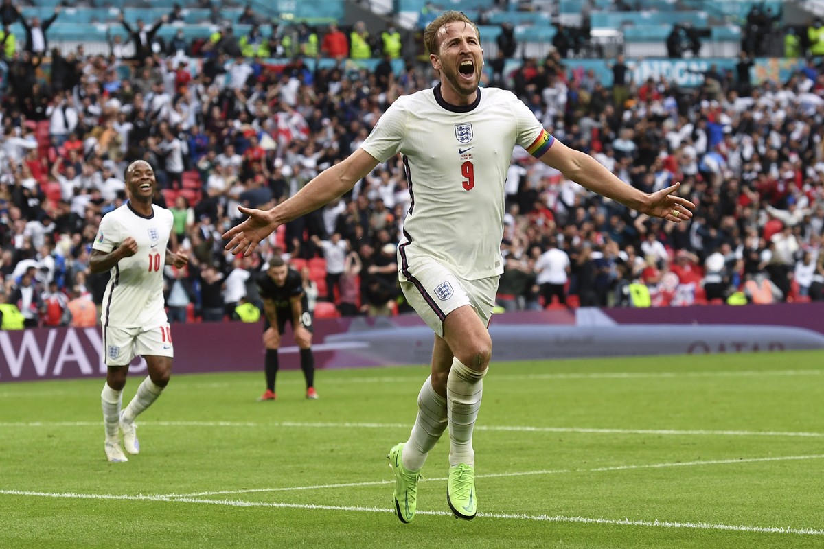 England's Harry Kane celebrates after scoring his side's 2nd goal during the Euro 2020 soccer championship round of 16 match between England and Germany, at Wembley stadium in London, Tuesda ...