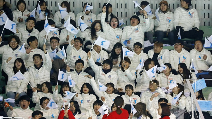 Der Umriss von Nord- und Südkorea ziert die Fähnchen der Fans.