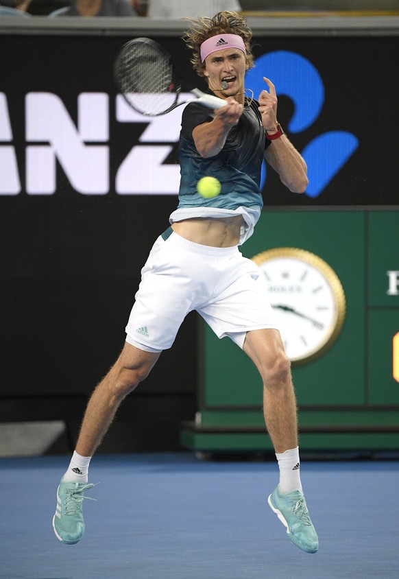Germany&#039;s Alexander Zverev hits forehand return to France&#039;s Jeremy Chardy during their second round match at the Australian Open tennis championships in Melbourne, Australia, Thursday, Jan.  ...