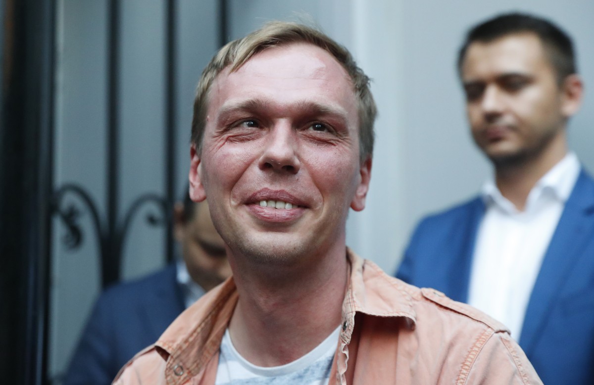 FILE- In this file photo taken on Tuesday, June 11, 2019, Prominent Russian investigative journalist Ivan Golunov, leaves a Investigative Committee building in Moscow, Russia. Russia's Investigat ...