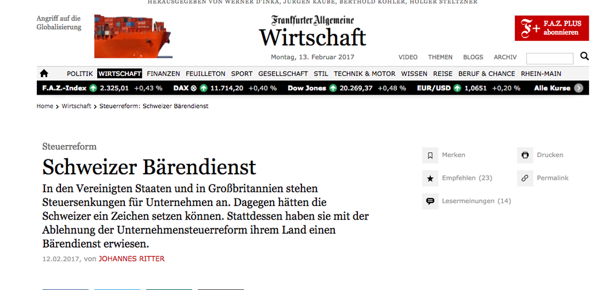 «Schweizer Bärendienst», nennt die FAZ die Abstimmung über die USR III. «Die Schweizer haben die von der Regierung geplante Unternehmenssteuerreform versenkt. Das ist bitter, denn die Stossrichtung de ...
