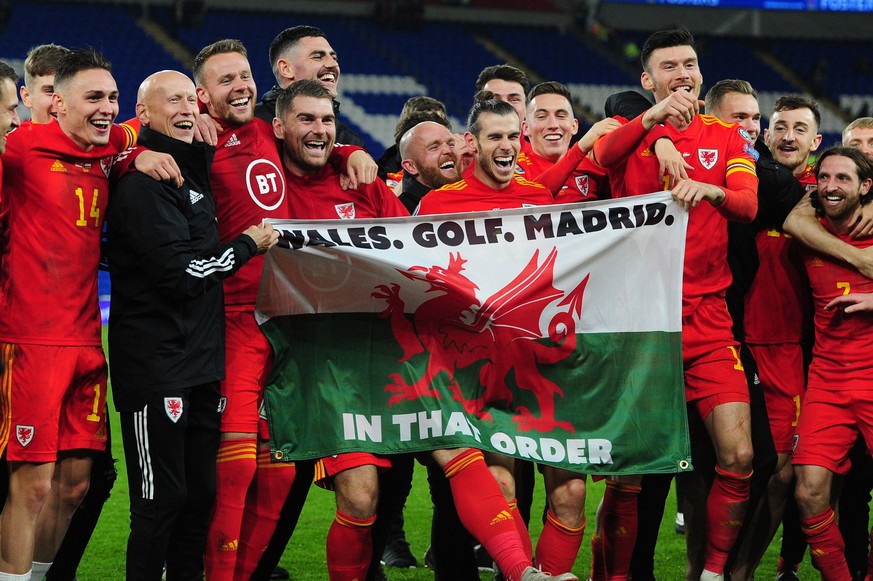 CARDIFF, WALES - NOVEMBER 19: Wales celebrate at full time during the UEFA Euro 2020 Group E Qualifier match between Wales and Hungary at the Cardiff City Stadium on November 19, 2019 in Cardiff, Wale ...