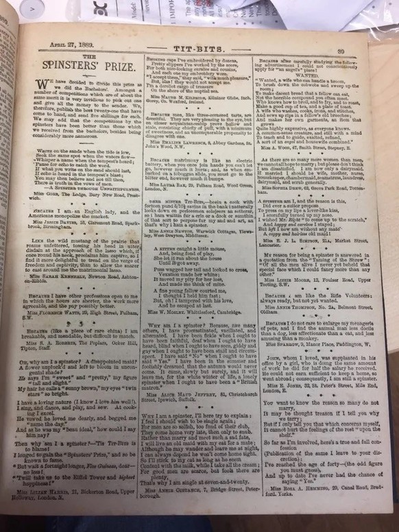 Tit Bits Magazine in 1889 asked Victorian Single ladies the reason for their spinsterhood. Hilarious answers

https://www.reddit.com/r/HistoricalRomance/comments/1ccr5bc/tit_bits_magazine_1889_asked_v ...