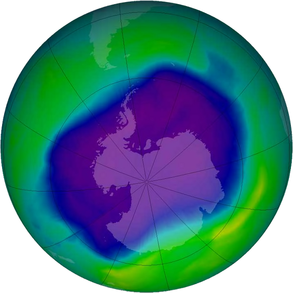 Bisher größte Ausdehnung des antarktischen Ozonlochs am 24. September 2006.
https://de.wikipedia.org/wiki/Ozonloch#/media/Datei:NASA_and_NOAA_Announce_Ozone_Hole_is_a_Double_Record_Breaker.png