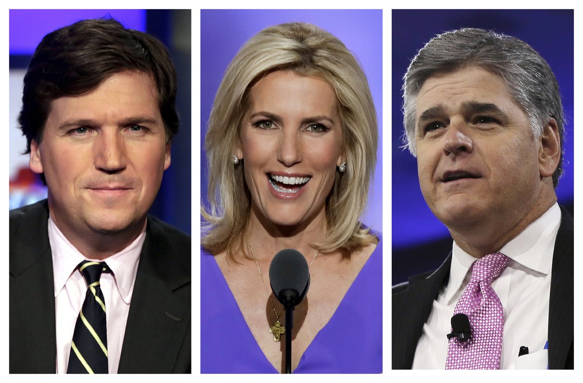 FILE - This combination of photo shows, from left, Tucker Carlson, host of "Tucker Carlson Tonight," Laura Ingraham, host of "The Ingraham Angle," and Sean Hannity, host of "H ...